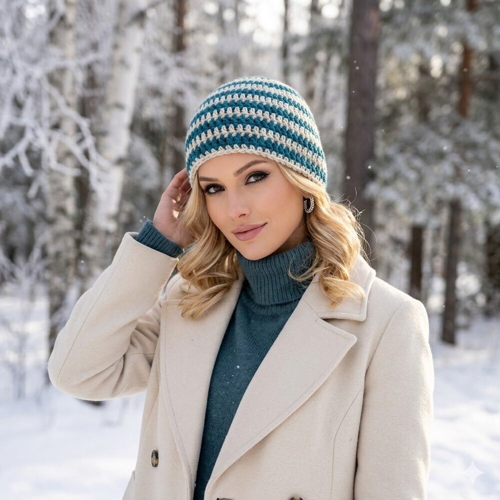 Teal/White Crochet Hat